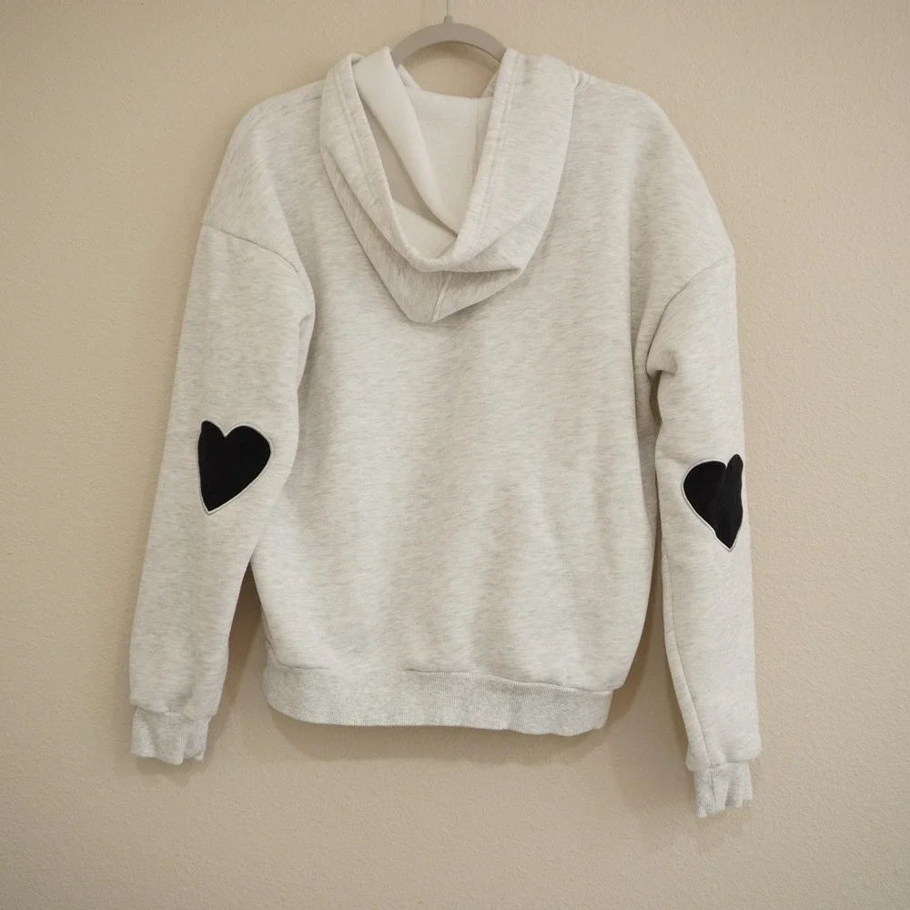 Edikted XS Oversized Heart Elbow Patch Embroidered Logo Hoodie Gray Heather